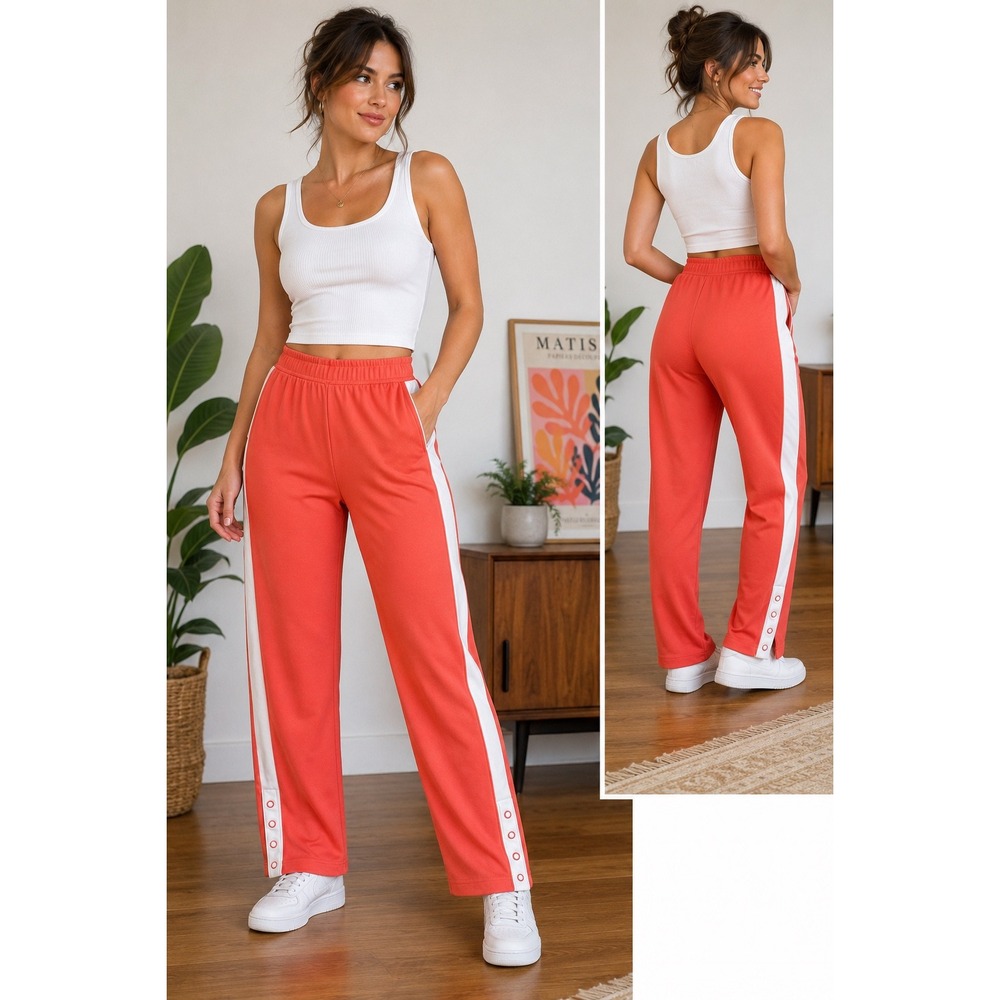 Studio Works PM Vintage Coral Track Pants White Side Stripe Snap Leg Retro